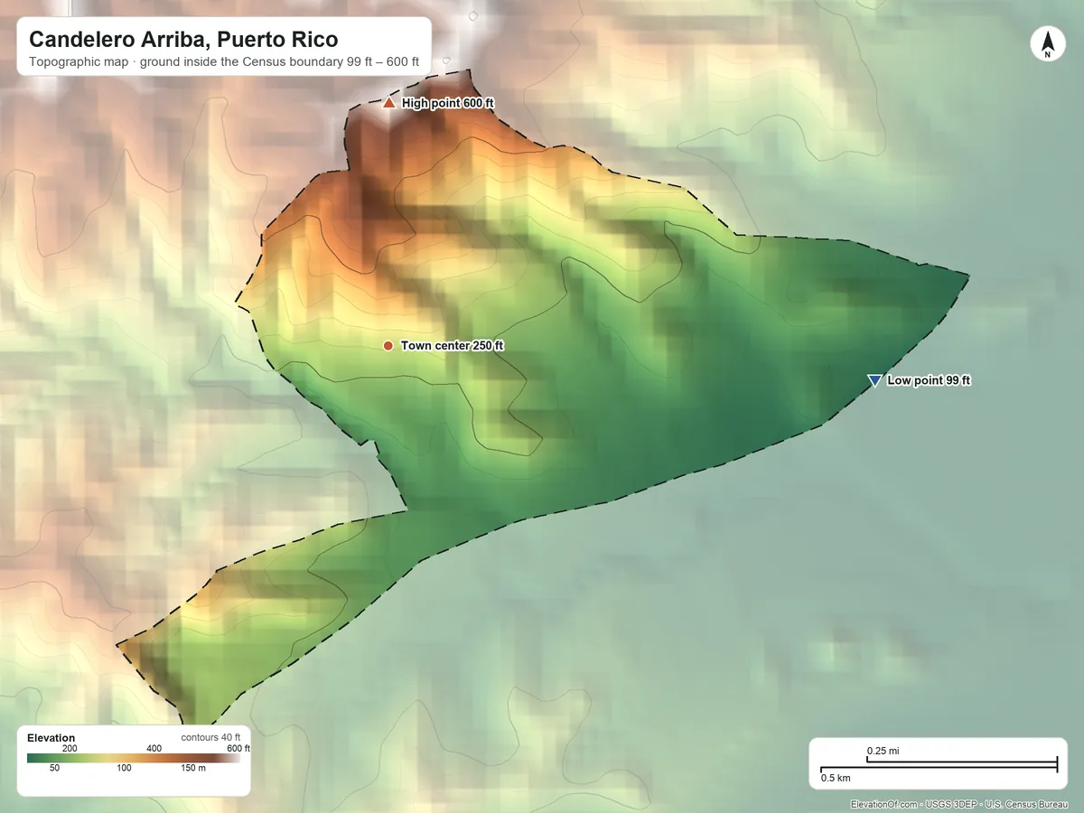 Topographic elevation map of Candelero Arriba, Puerto Rico, shaded from 99 ft on the east side to 600 ft at the foot of the Sierra de Guardarraya
