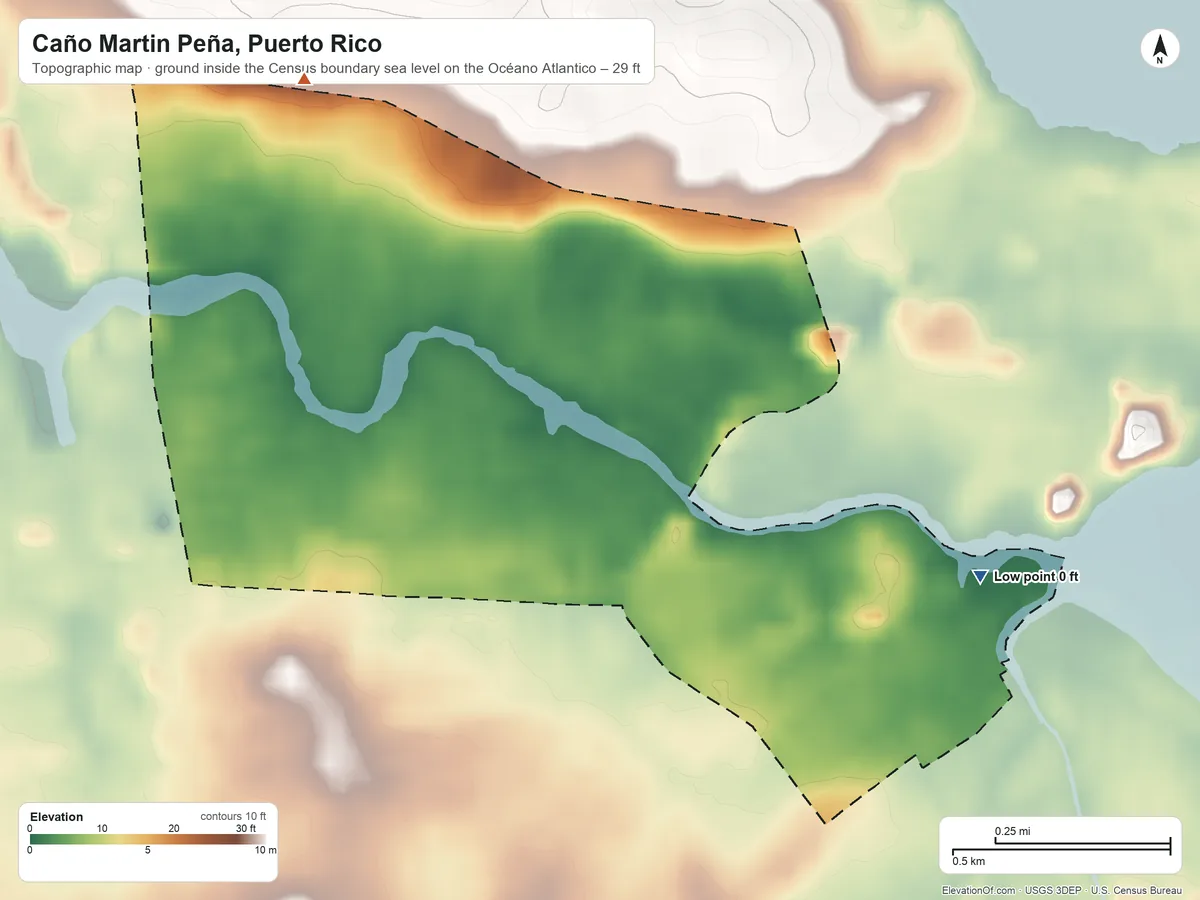 Topographic elevation map of Caño Martin Peña, Puerto Rico, shaded from sea level level on the Océano Atlantico to 29 ft on the northwest side