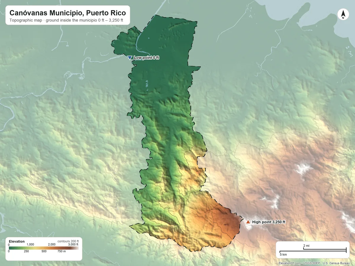 Topographic elevation map of Canóvanas Municipio, Puerto Rico, shaded from 0 ft on the northwest side to 3,250 ft on El Toro