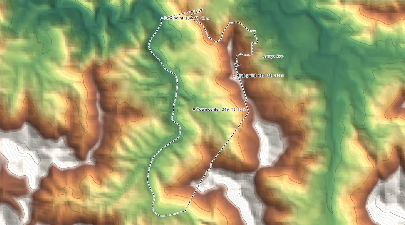 Topographic elevation map of Canovanillas, Puerto Rico, shaded from 130 ft on the north side to 610 ft at the foot of the Sierra de Luquillo