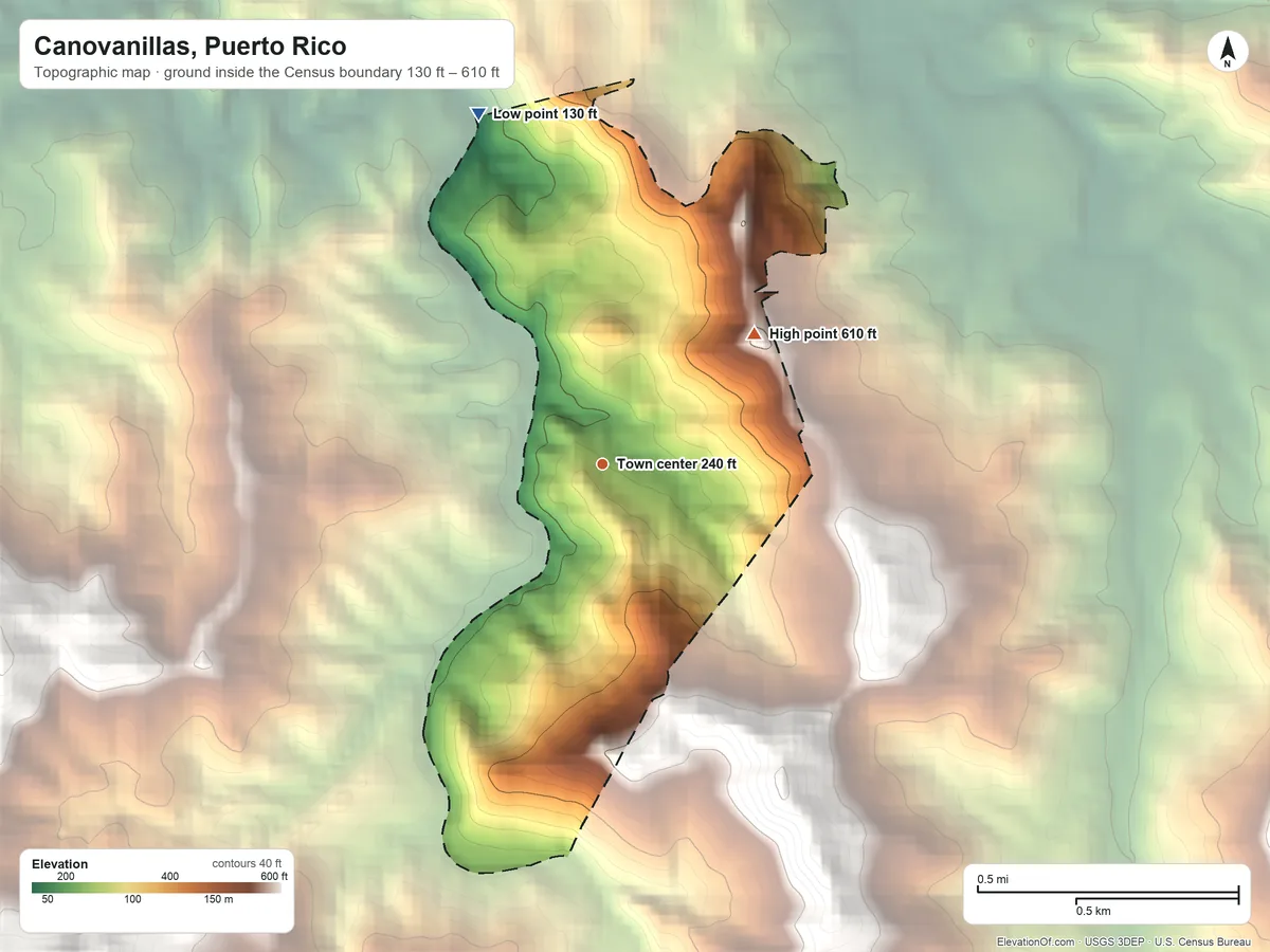 Topographic elevation map of Canovanillas, Puerto Rico, shaded from 130 ft on the north side to 610 ft at the foot of the Sierra de Luquillo