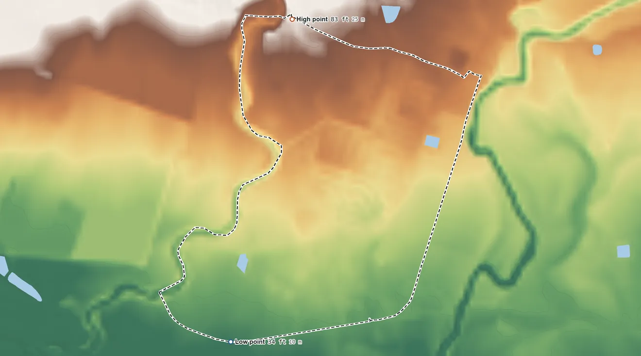 Topographic elevation map of Capitanejo, Puerto Rico, shaded from 34 ft on the southwest side to 83 ft at the foot of the Cordillera Central