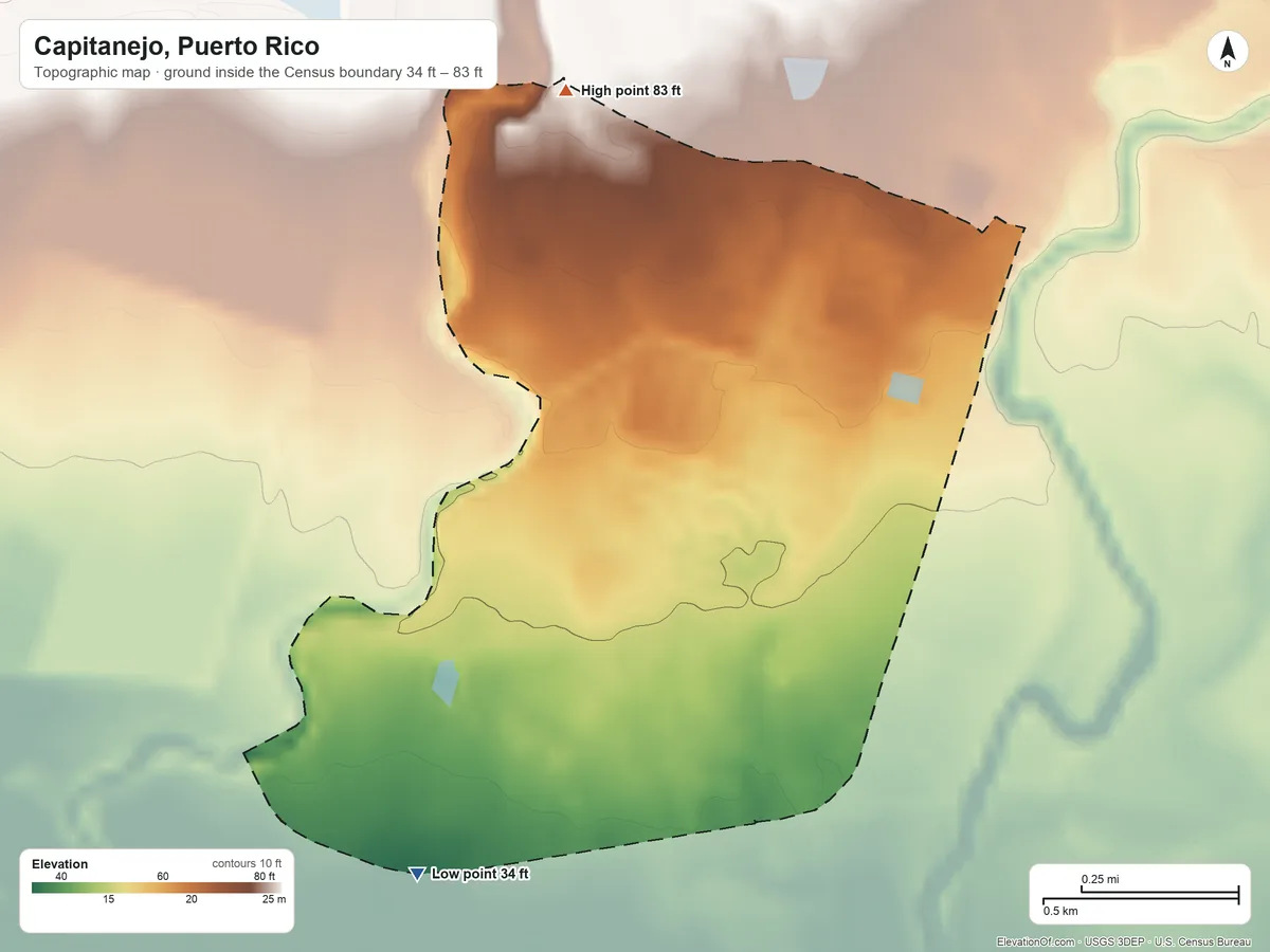Topographic elevation map of Capitanejo, Puerto Rico, shaded from 34 ft on the southwest side to 83 ft at the foot of the Cordillera Central