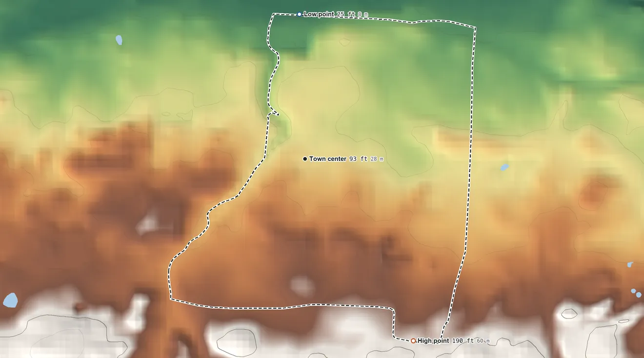 Topographic elevation map of Carrizales, Puerto Rico, shaded from 25 ft on the north side to 190 ft on the southeast side