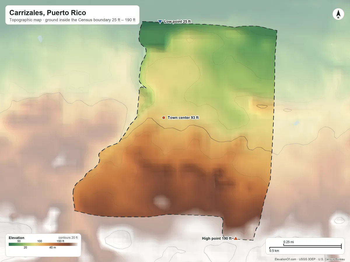 Topographic elevation map of Carrizales, Puerto Rico, shaded from 25 ft on the north side to 190 ft on the southeast side