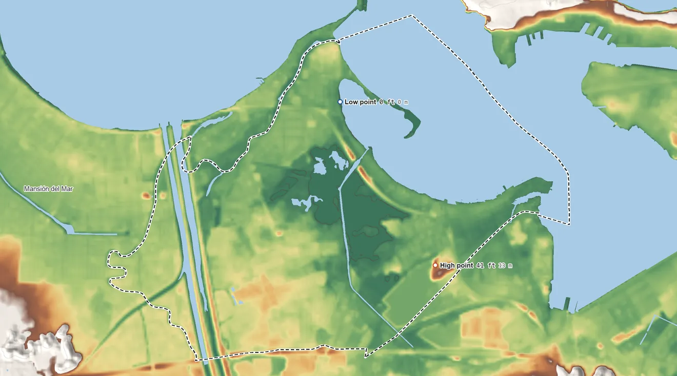 Topographic elevation map of Cataño Municipio, Puerto Rico, shaded from sea level on the Bahía de San Juan to 41 ft on the southeast side