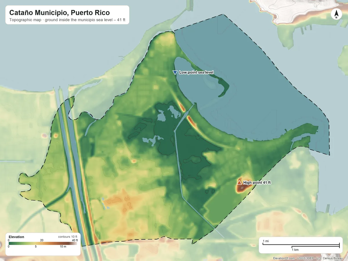 Topographic elevation map of Cataño Municipio, Puerto Rico, shaded from sea level on the Bahía de San Juan to 41 ft on the southeast side