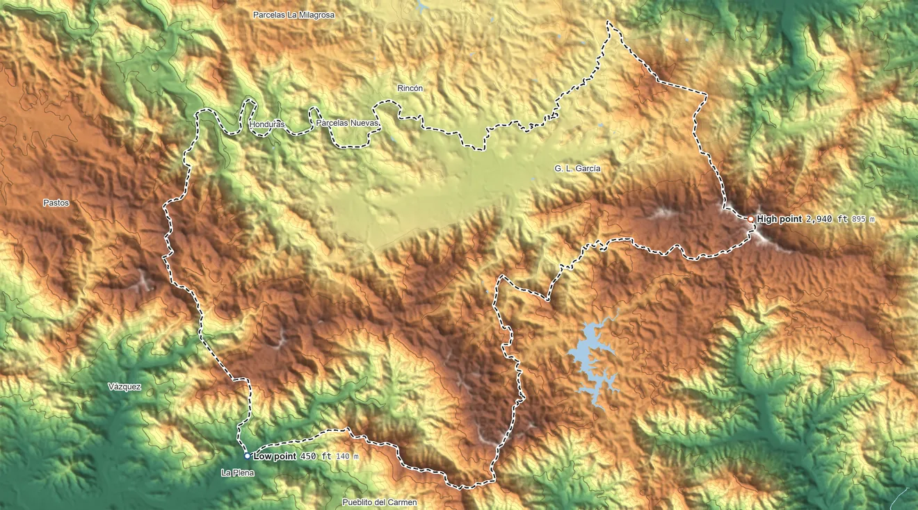 Topographic elevation map of Cayey Municipio, Puerto Rico, shaded from 450 ft on the southwest side to 2,940 ft on the east side