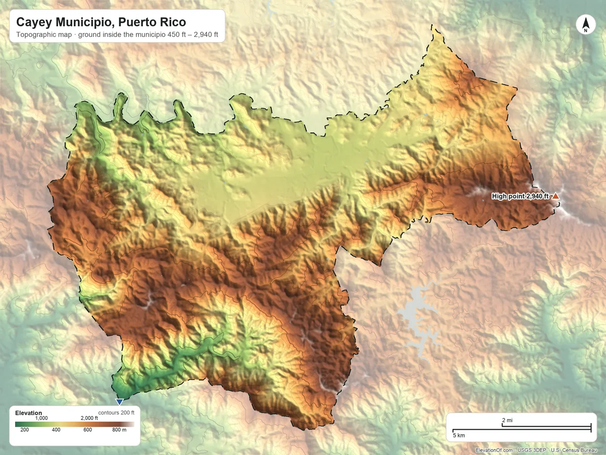 Topographic elevation map of Cayey Municipio, Puerto Rico, shaded from 450 ft on the southwest side to 2,940 ft on the east side