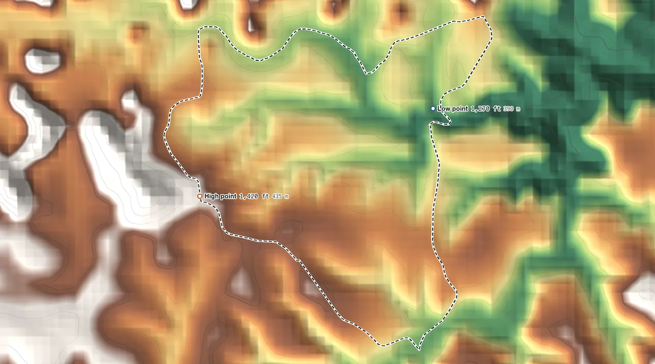 Topographic elevation map of Cayuco, Puerto Rico, shaded from 1,270 ft on the northeast side to 1,420 ft at the foot of the Montañas Guarionex