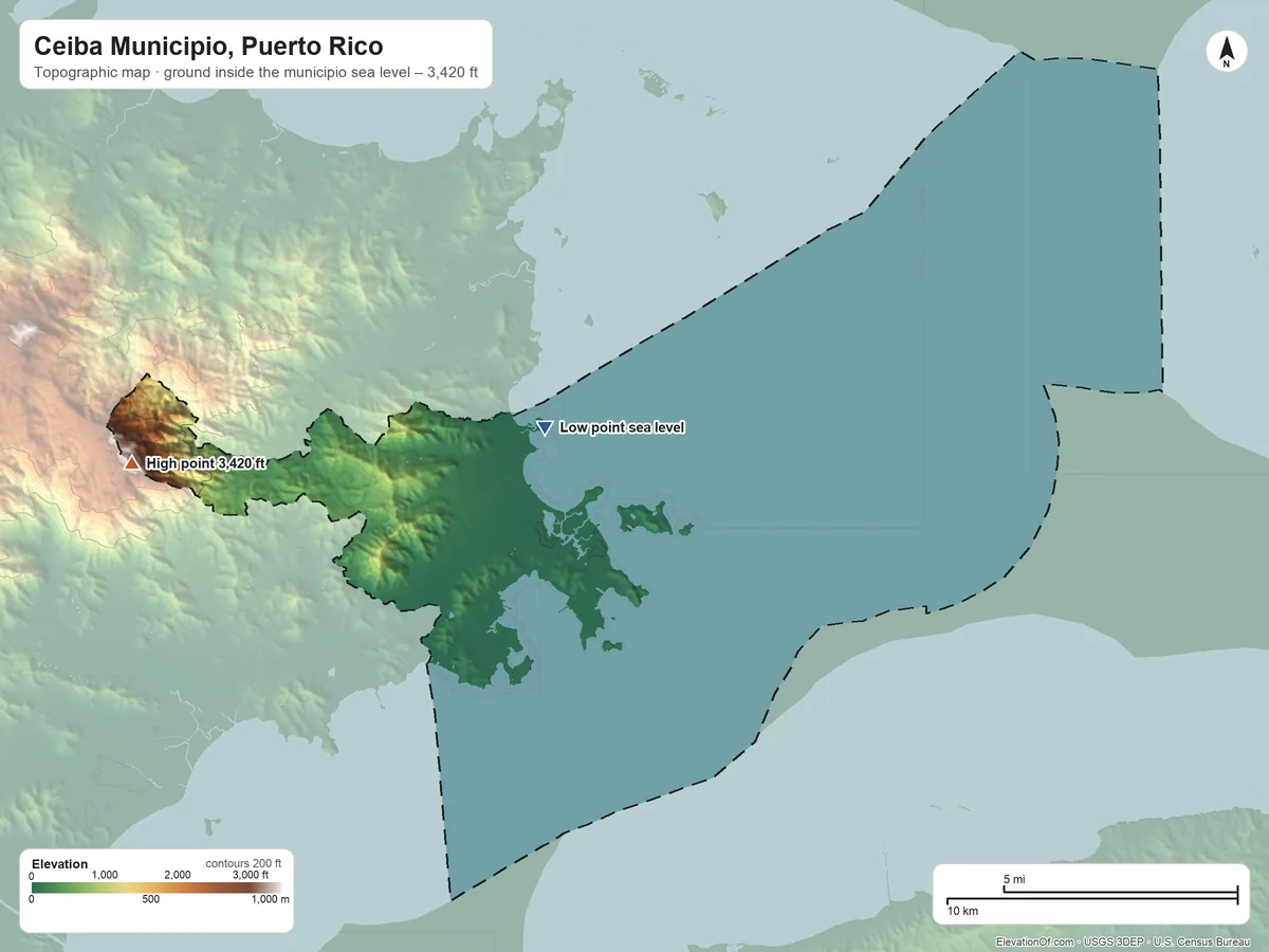 Topographic elevation map of Ceiba Municipio, Puerto Rico, shaded from sea level on the Sonda de Vieques to 3,420 ft on Pico del Este
