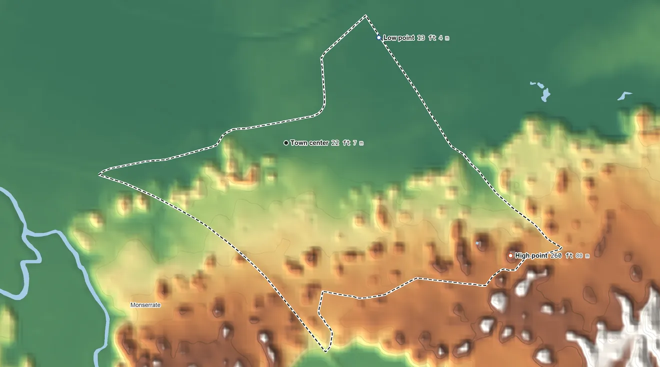 Topographic elevation map of Ceiba, Puerto Rico, shaded from 13 ft on the northeast side to 260 ft on the southeast side