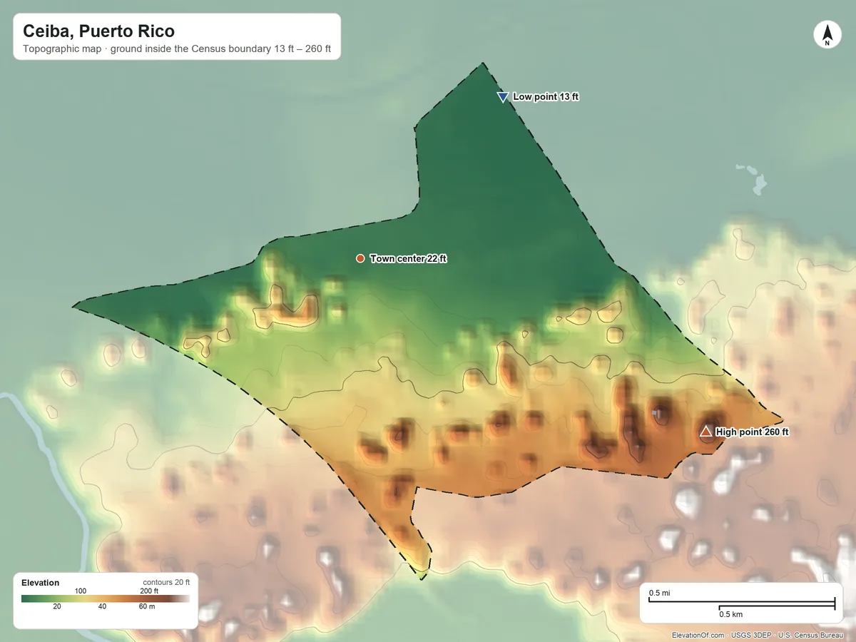 Topographic elevation map of Ceiba, Puerto Rico, shaded from 13 ft on the northeast side to 260 ft on the southeast side