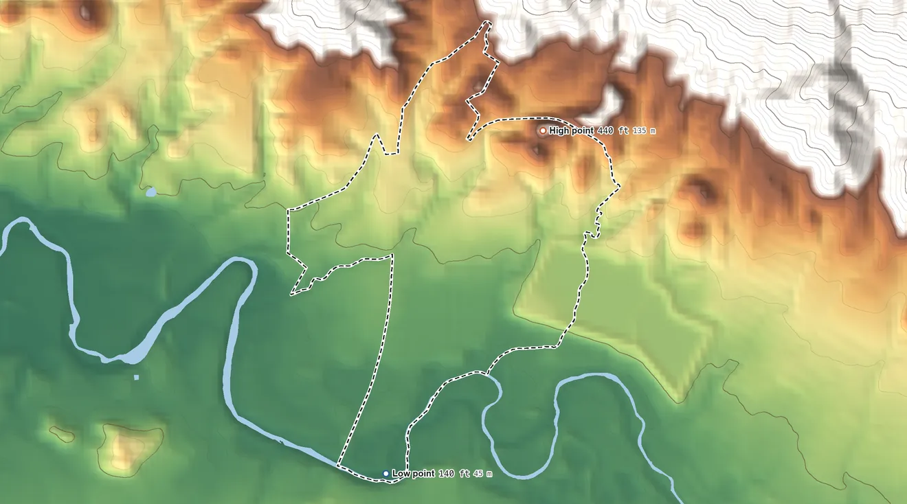 Topographic elevation map of Celada, Puerto Rico, shaded from 140 ft on the south side to 440 ft at the foot of the Altos de San Luis