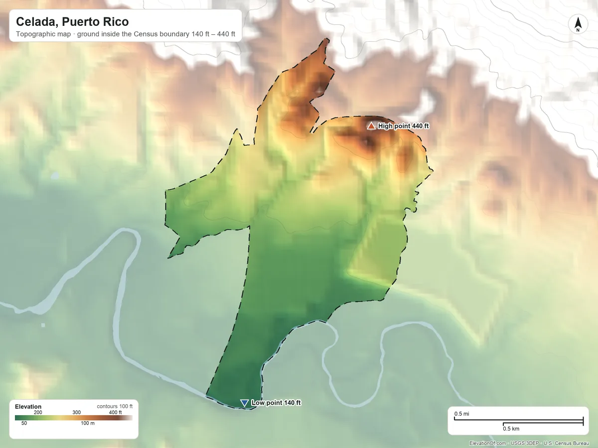 Topographic elevation map of Celada, Puerto Rico, shaded from 140 ft on the south side to 440 ft at the foot of the Altos de San Luis