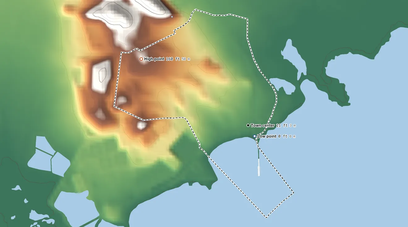 Topographic elevation map of Central Aguirre, Puerto Rico, shaded from sea level level on the Bahía de Jobos to 160 ft on the northwest side