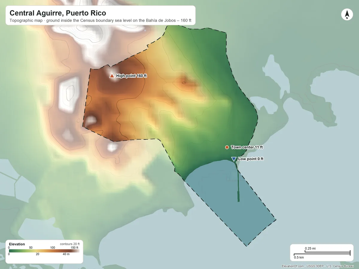Topographic elevation map of Central Aguirre, Puerto Rico, shaded from sea level level on the Bahía de Jobos to 160 ft on the northwest side