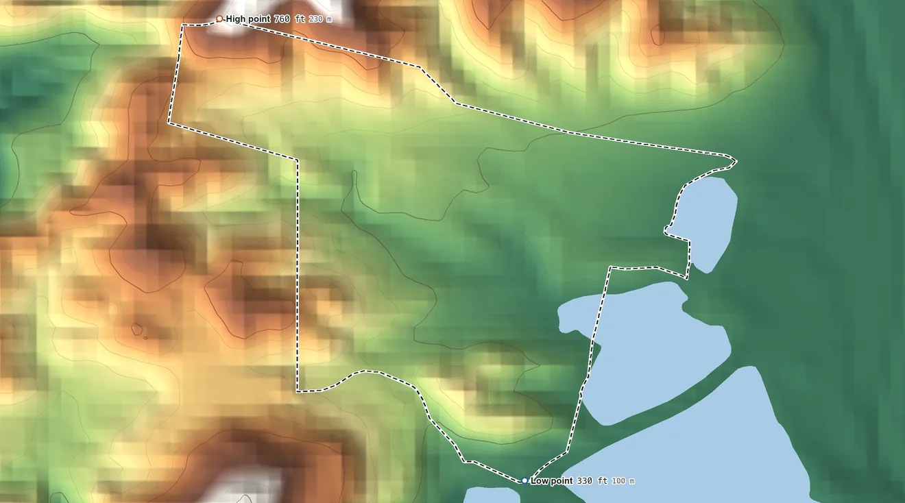 Topographic elevation map of Cerrillos Hoyos, Puerto Rico, shaded from 330 ft on the southeast side to 760 ft at the foot of the Cordillera Central