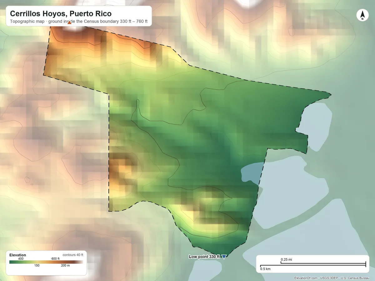 Topographic elevation map of Cerrillos Hoyos, Puerto Rico, shaded from 330 ft on the southeast side to 760 ft at the foot of the Cordillera Central