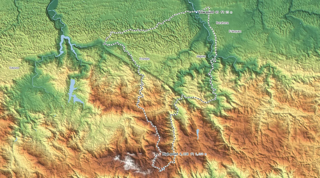 Topographic elevation map of Ciales Municipio, Puerto Rico, shaded from 49 ft on the northeast side to 4,130 ft on the south side
