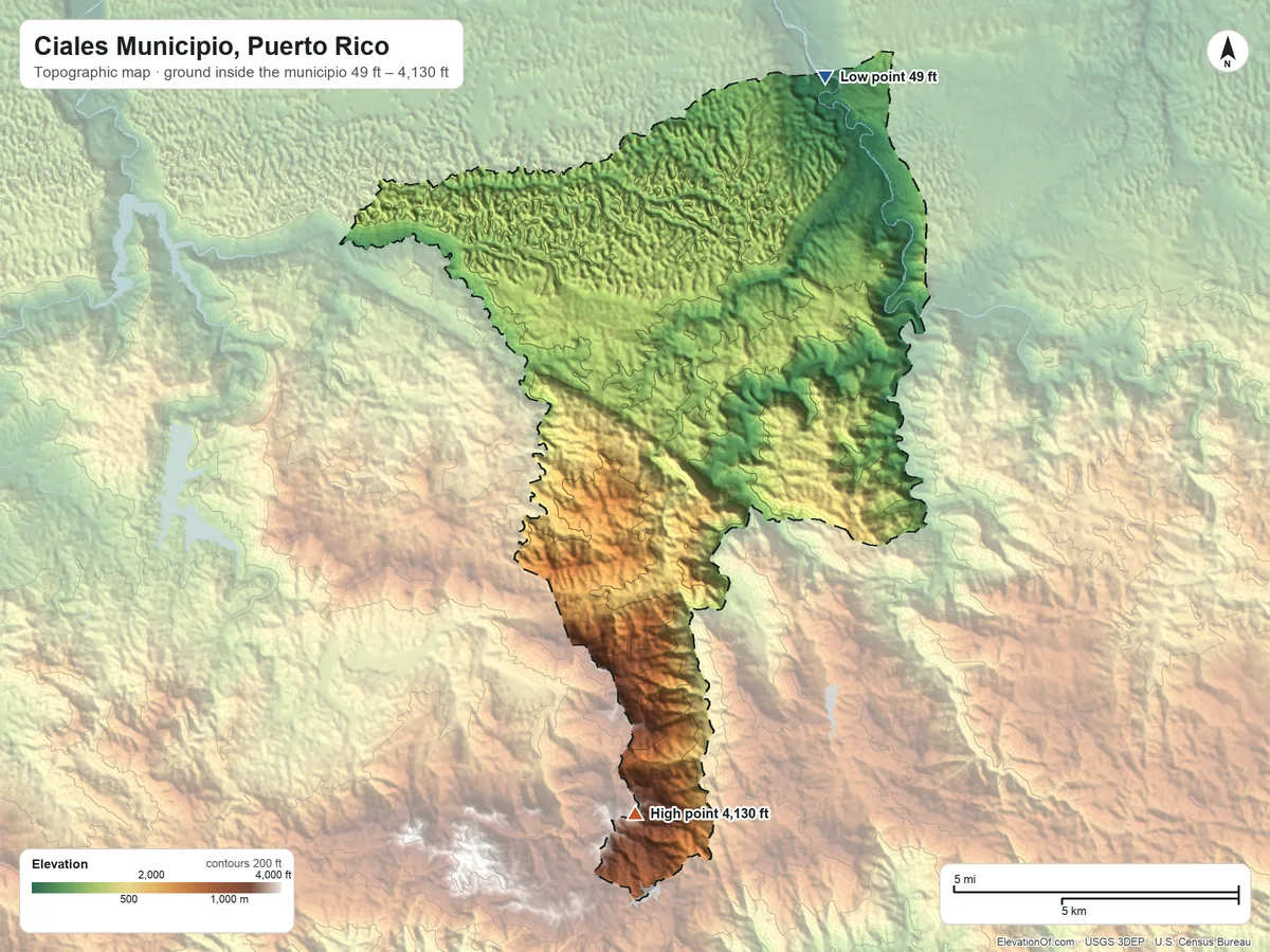 Topographic elevation map of Ciales Municipio, Puerto Rico, shaded from 49 ft on the northeast side to 4,130 ft on the south side