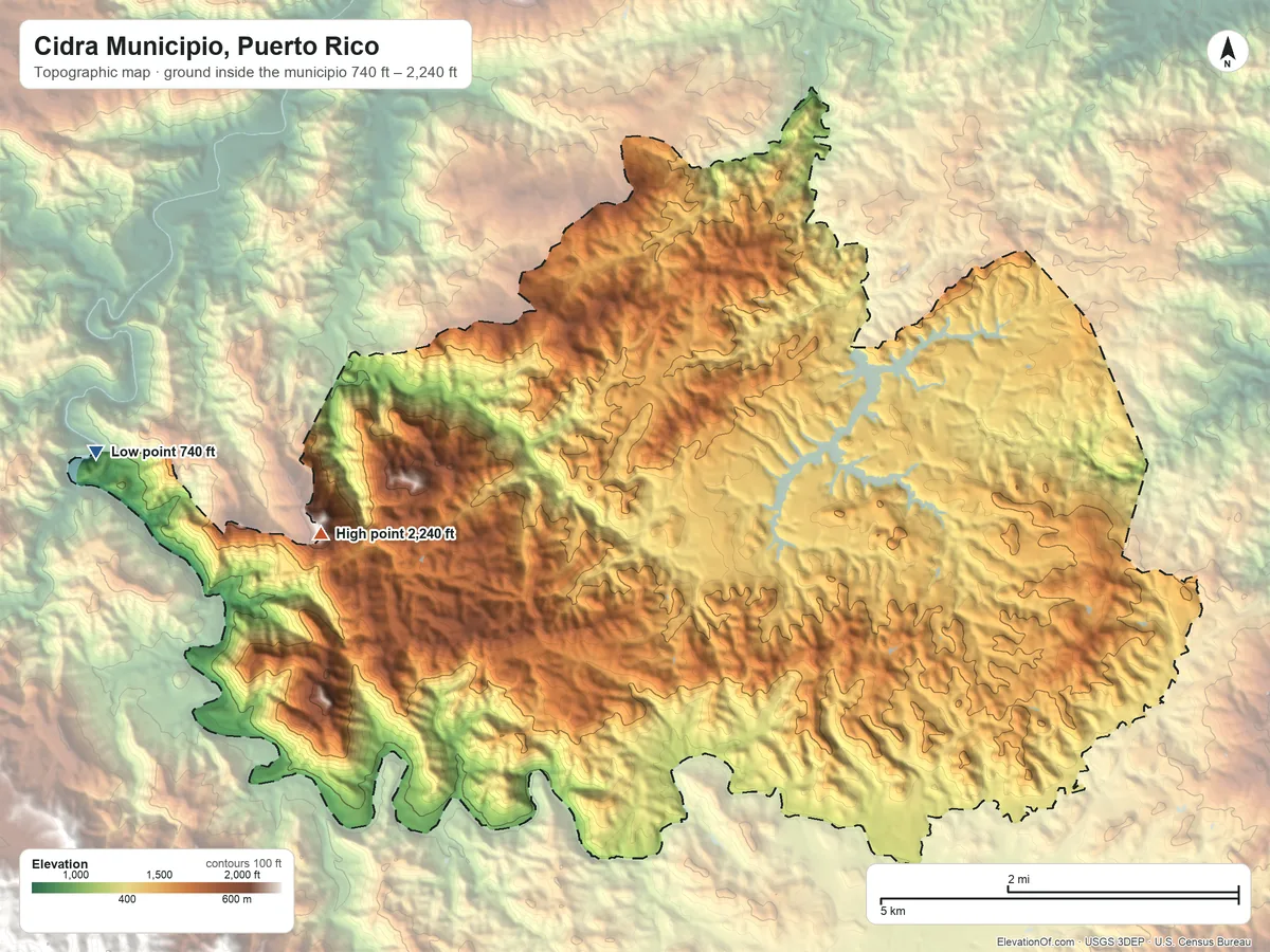 Topographic elevation map of Cidra Municipio, Puerto Rico, shaded from 740 ft on the west side to 2,240 ft on Cerro Viento Caliente