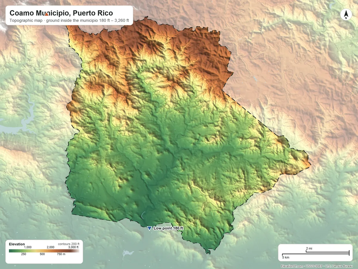 Topographic elevation map of Coamo Municipio, Puerto Rico, shaded from 180 ft on the south side to 3,260 ft on the northwest side