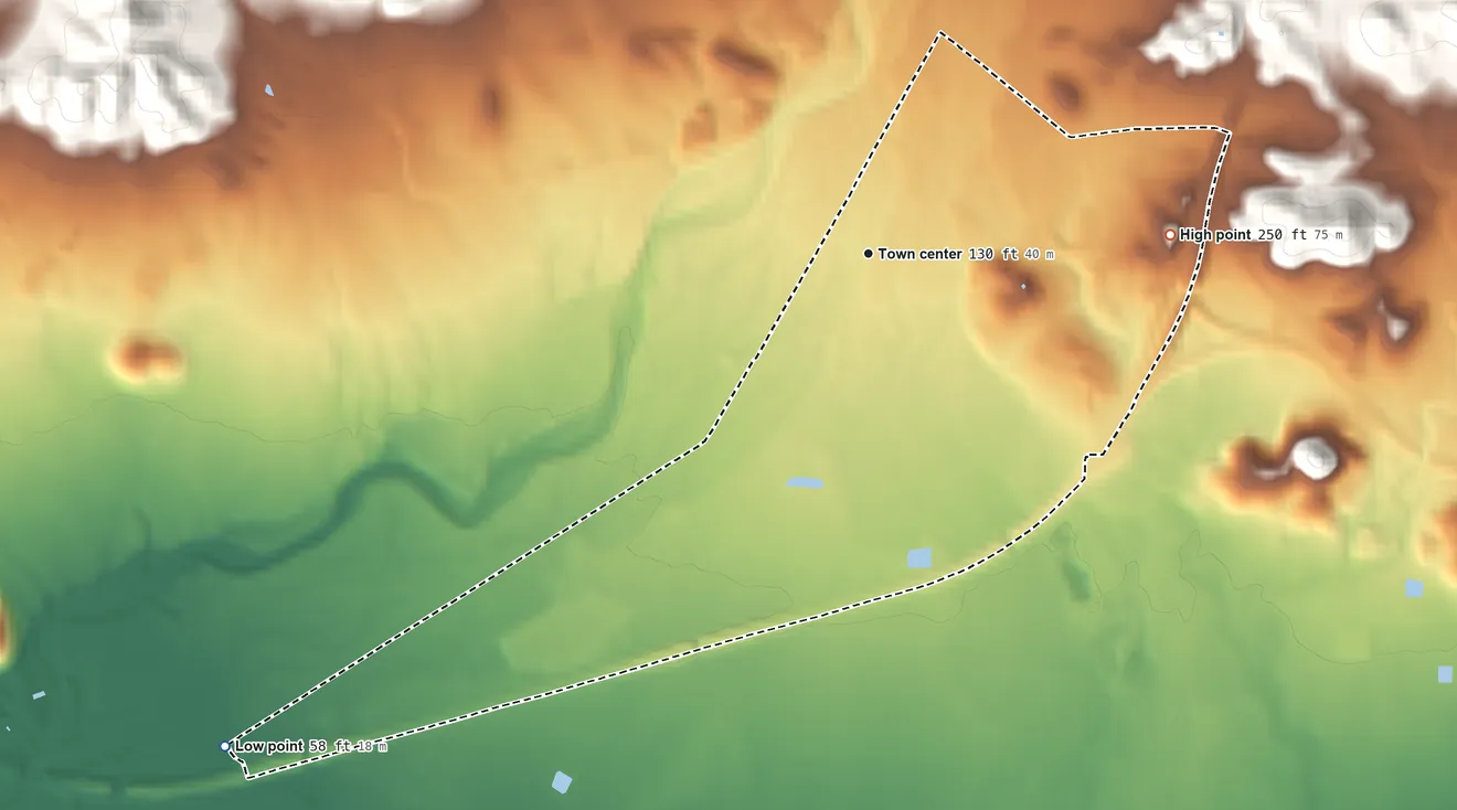 Topographic elevation map of Coco, Puerto Rico, shaded from 58 ft on the southwest side to 250 ft at the foot of the Sierra de Jájome