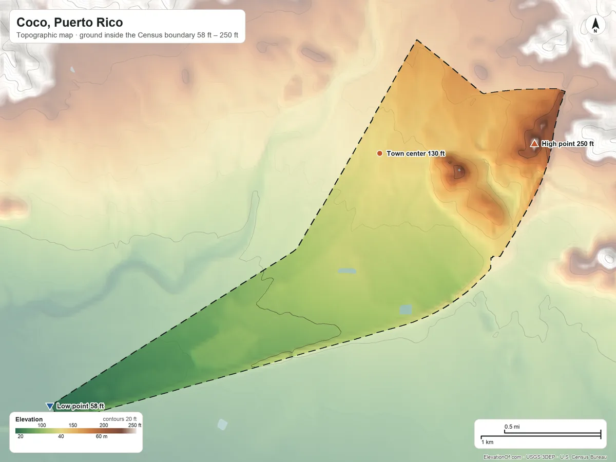 Topographic elevation map of Coco, Puerto Rico, shaded from 58 ft on the southwest side to 250 ft at the foot of the Sierra de Jájome