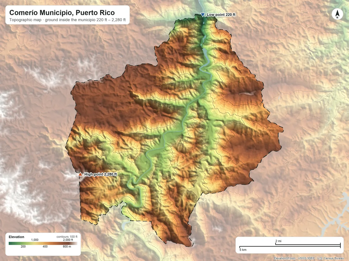 Topographic elevation map of Comerío Municipio, Puerto Rico, shaded from 220 ft on the north side to 2,280 ft on the southwest side