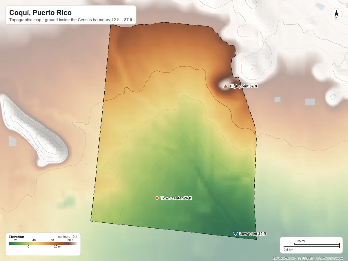 Topographic elevation map of Coquí, Puerto Rico, shaded from 12 ft on the southeast side to 87 ft at the foot of the Sierra de Jájome