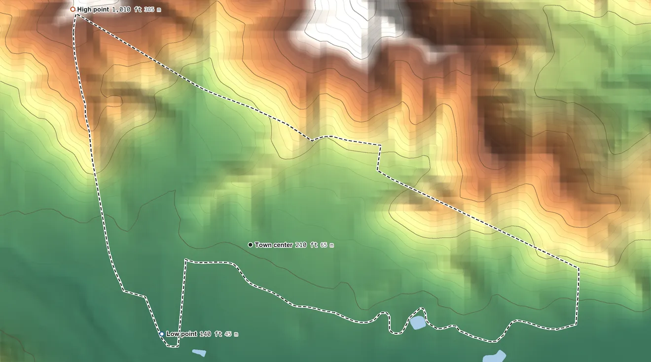 Topographic elevation map of Corazón, Puerto Rico, shaded from 140 ft on the southwest side to 1,010 ft at the foot of the Sierra de Jájome