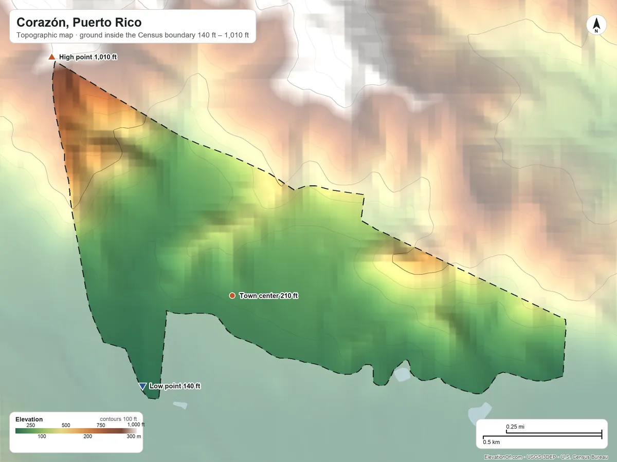 Topographic elevation map of Corazón, Puerto Rico, shaded from 140 ft on the southwest side to 1,010 ft at the foot of the Sierra de Jájome