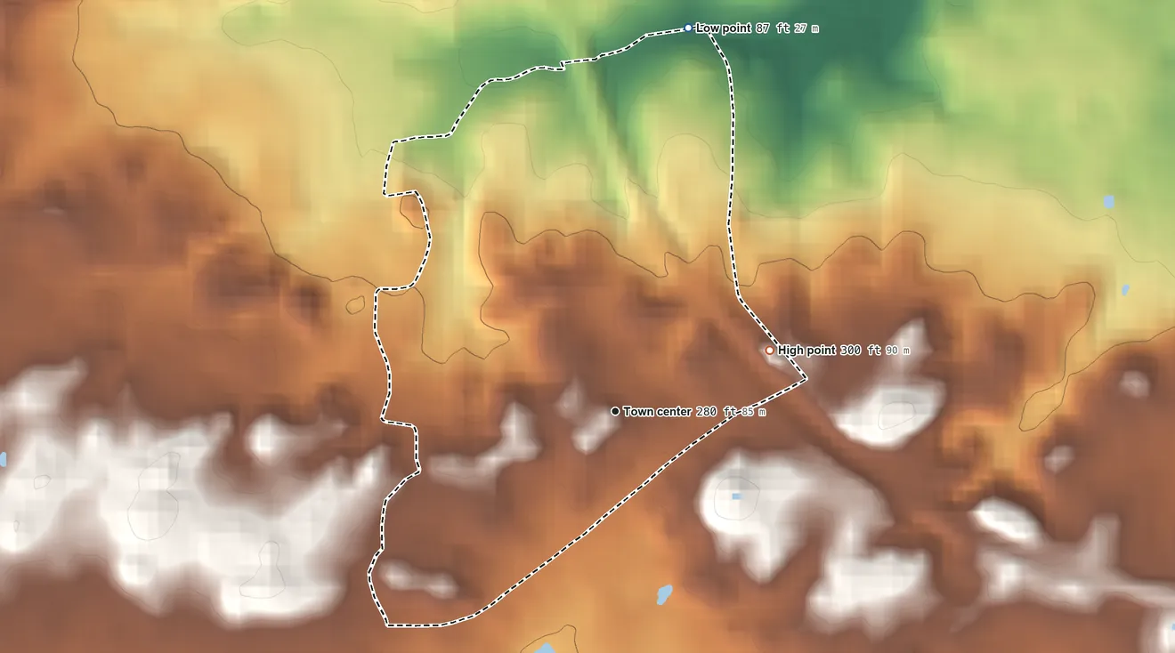 Topographic elevation map of Corcovado, Puerto Rico, shaded from 87 ft on the north side to 300 ft on the east side