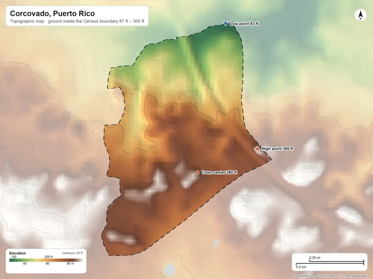 Topographic elevation map of Corcovado, Puerto Rico, shaded from 87 ft on the north side to 300 ft on the east side