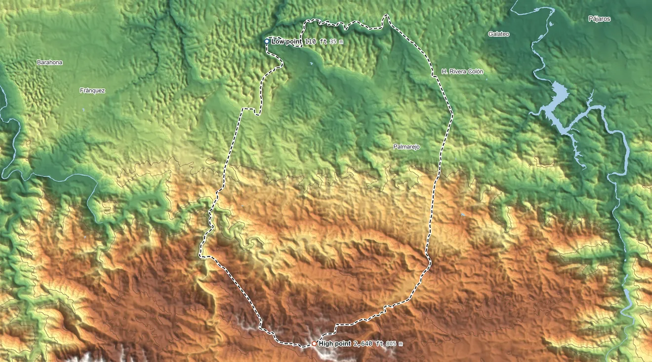 Topographic elevation map of Corozal Municipio, Puerto Rico, shaded from 110 ft on the northwest side to 2,640 ft on the south side