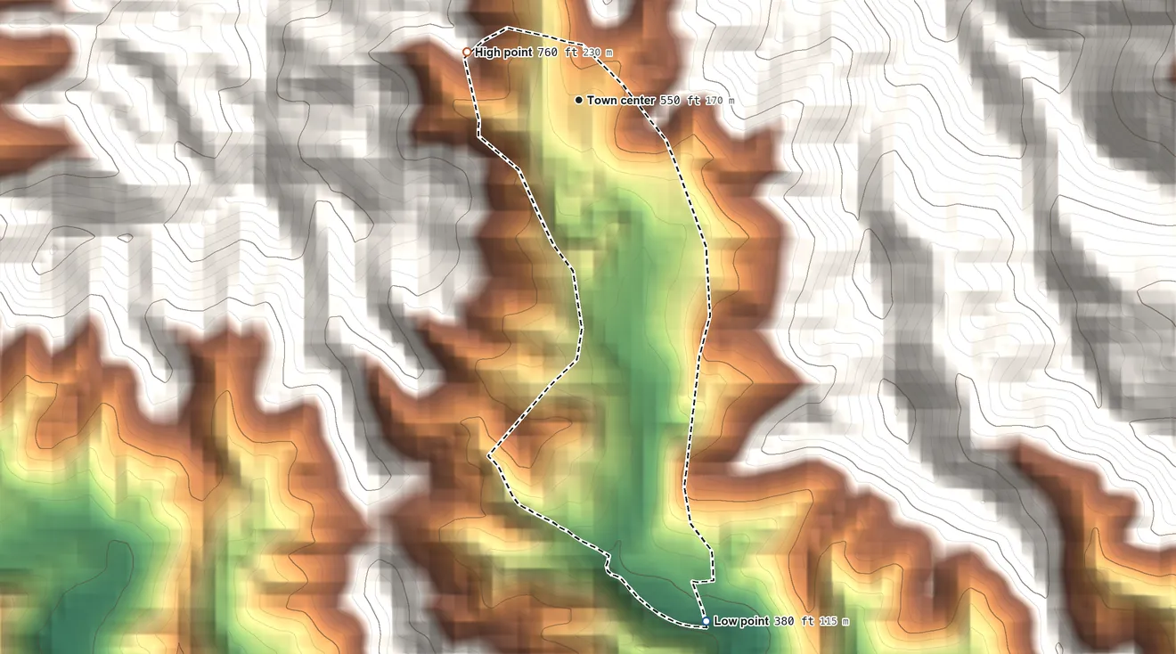 Topographic elevation map of Corral Viejo, Puerto Rico, shaded from 380 ft on the south side to 760 ft at the foot of the Montes de Barina