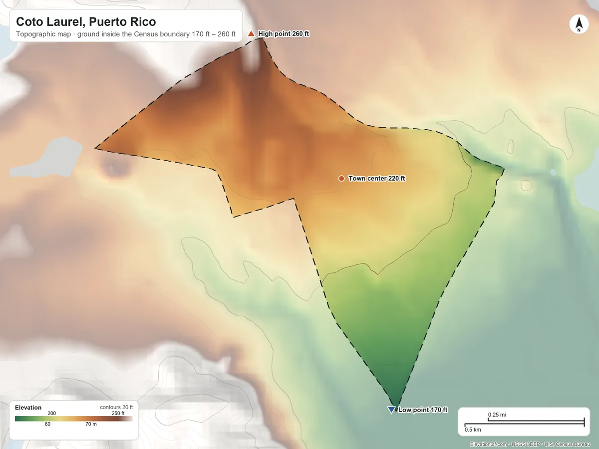 Topographic elevation map of Coto Laurel, Puerto Rico, shaded from 170 ft on the south side to 260 ft at the foot of the Cordillera Central