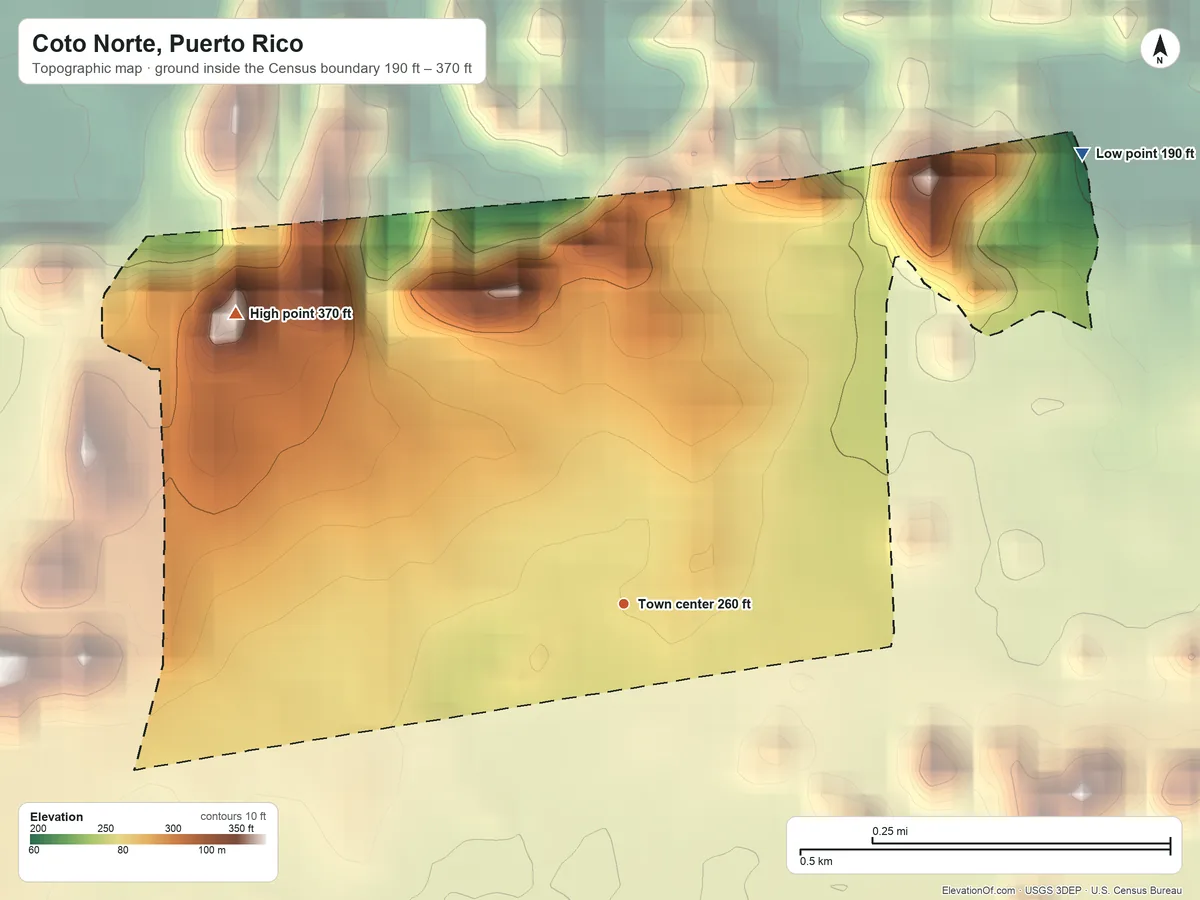 Topographic elevation map of Coto Norte, Puerto Rico, shaded from 190 ft on the northeast side to 370 ft on the northwest side