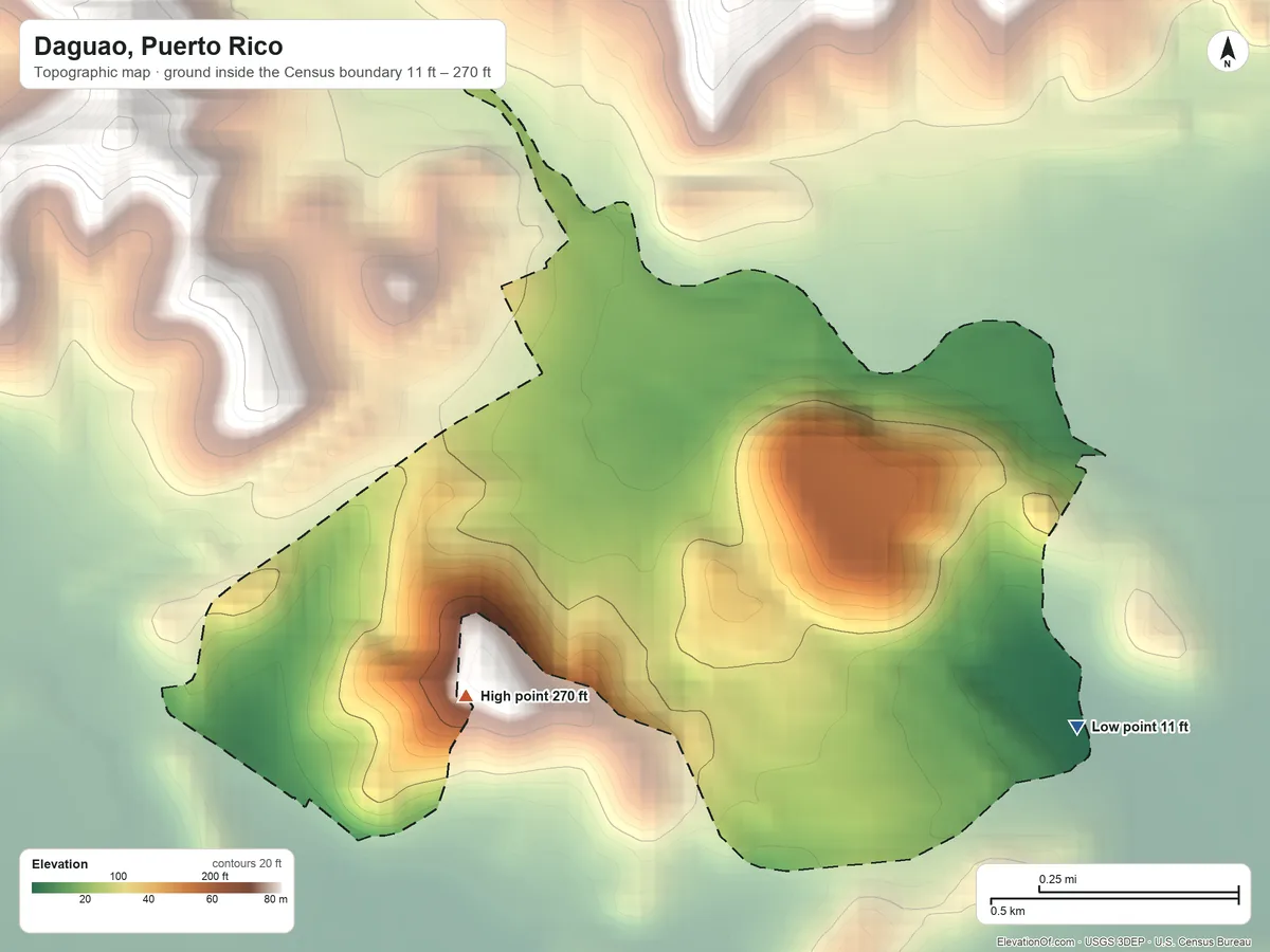 Topographic elevation map of Daguao, Puerto Rico, shaded from 11 ft on the southeast side to 270 ft at the foot of the Sierra de Luquillo