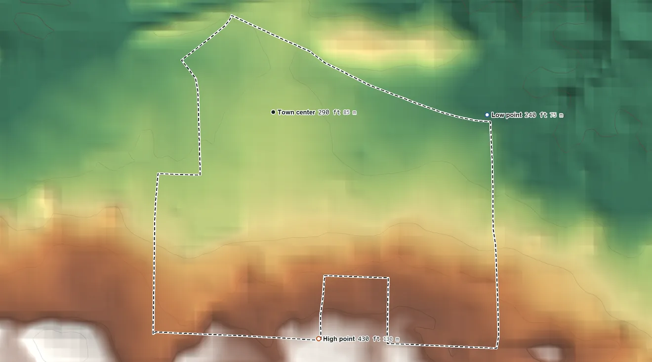 Topographic elevation map of Del Carmen, Puerto Rico, shaded from 240 ft on the east side to 430 ft on the south side