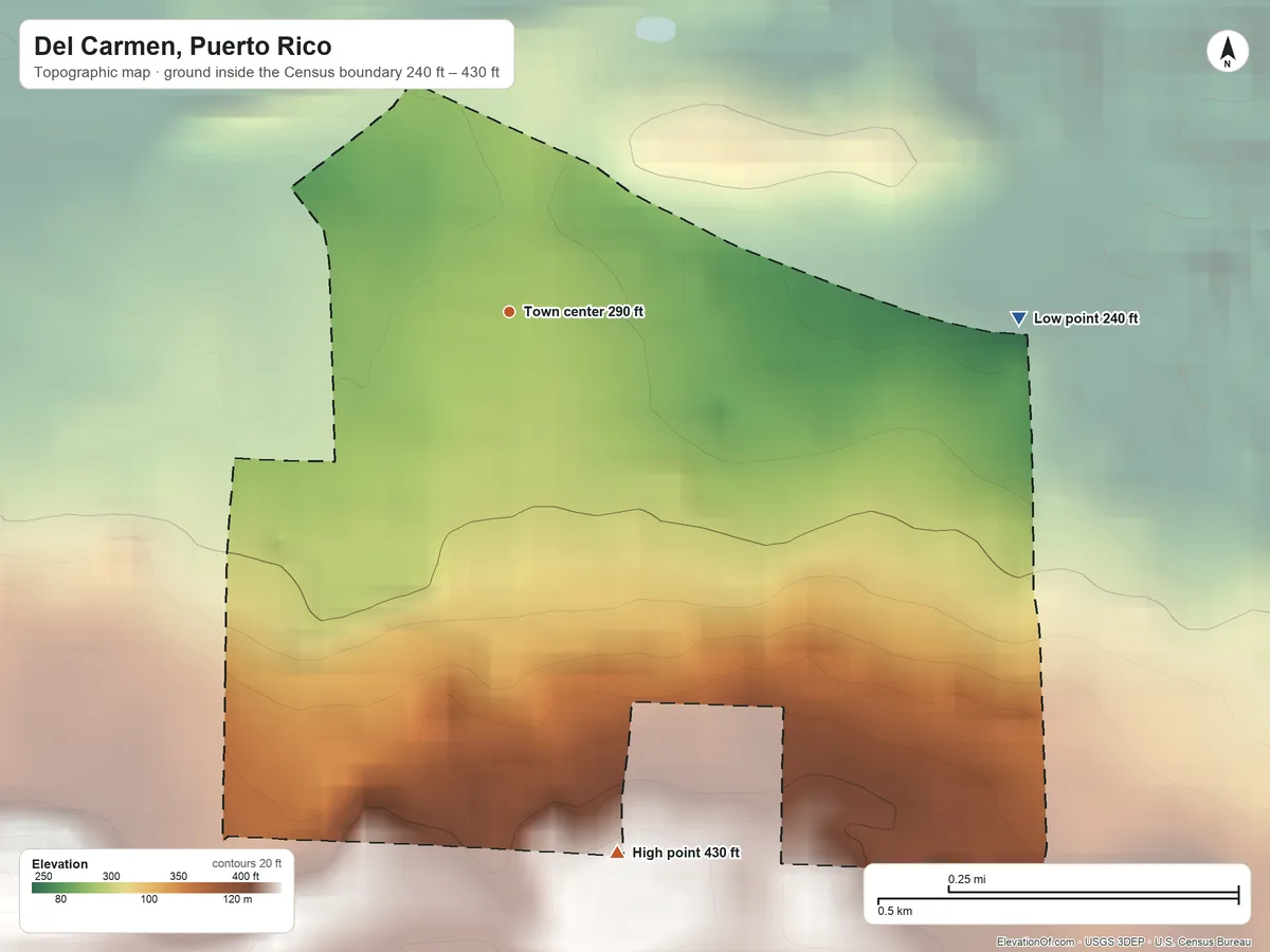 Topographic elevation map of Del Carmen, Puerto Rico, shaded from 240 ft on the east side to 430 ft on the south side