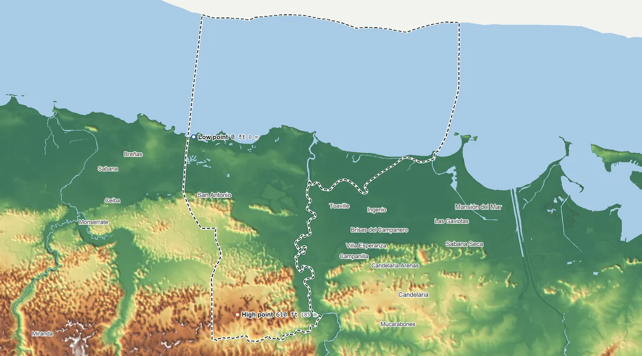 Topographic elevation map of Dorado Municipio, Puerto Rico, shaded from sea level on the Océano Atlántico to 610 ft on the southwest side