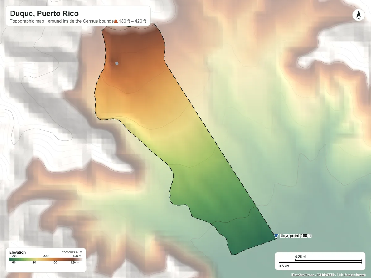 Topographic elevation map of Duque, Puerto Rico, shaded from 180 ft on the southeast side to 420 ft at the foot of the Sierra de Luquillo