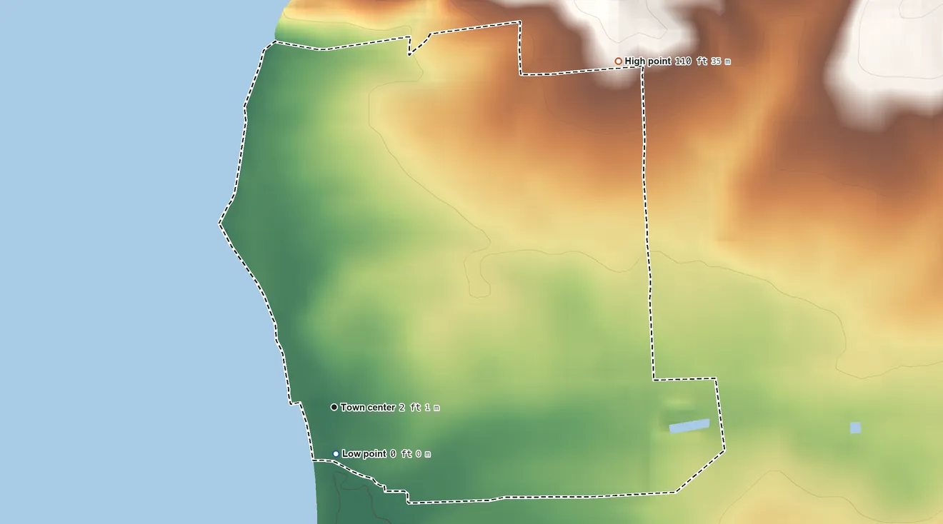 Topographic elevation map of El Combate, Puerto Rico, shaded from sea level level on the Bajo Casabe to 110 ft on the northeast side