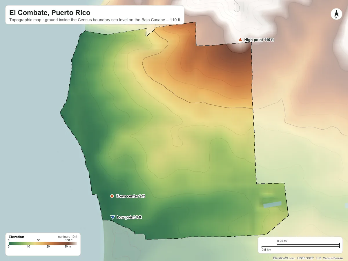 Topographic elevation map of El Combate, Puerto Rico, shaded from sea level level on the Bajo Casabe to 110 ft on the northeast side