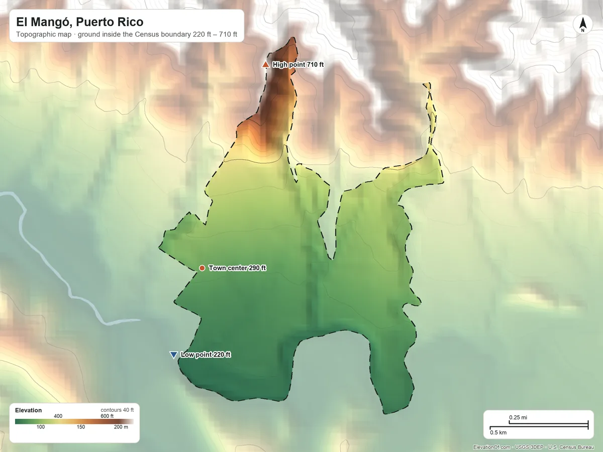 Topographic elevation map of El Mangó, Puerto Rico, shaded from 220 ft on the south side to 710 ft at the foot of the Sierra de Luquillo