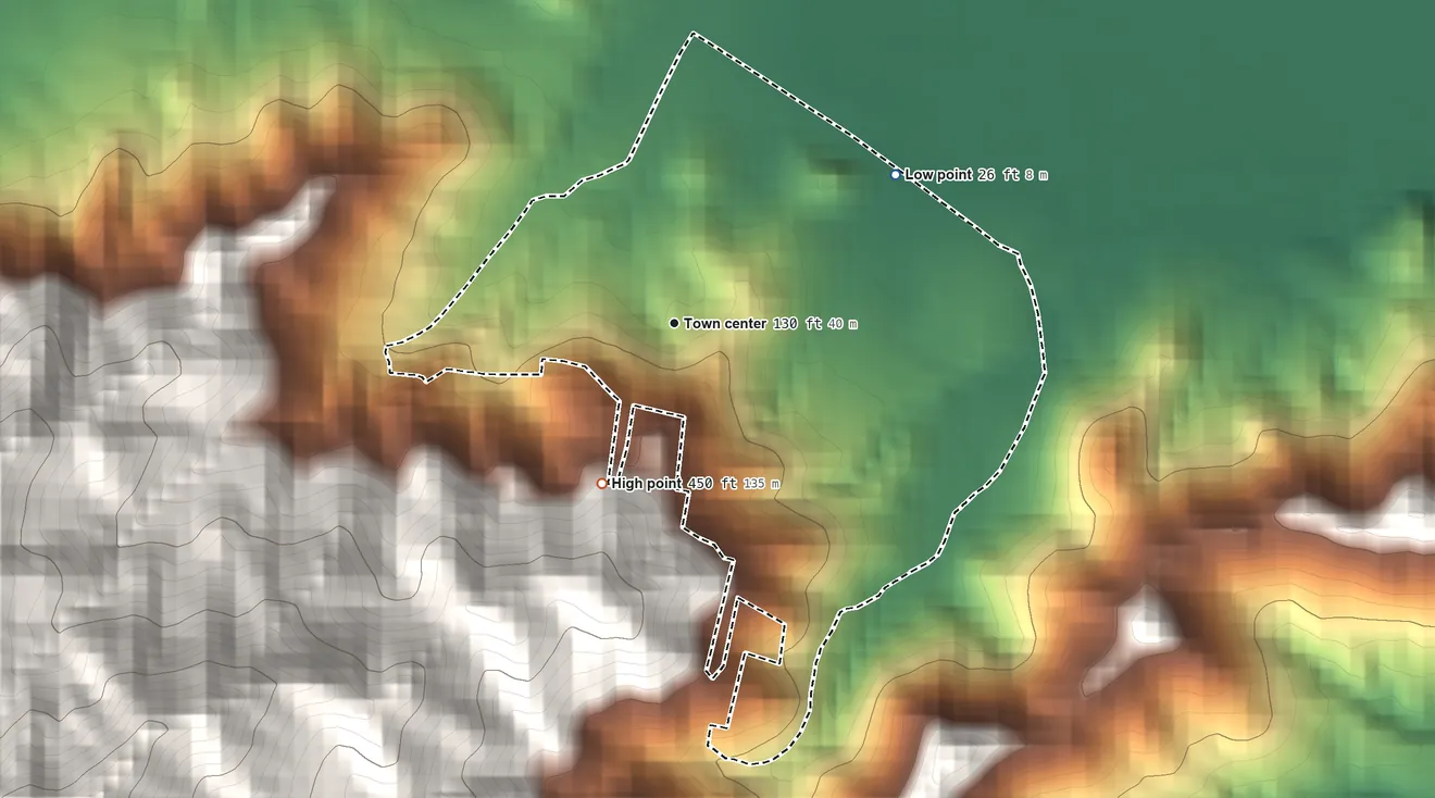 Topographic elevation map of El Negro, Puerto Rico, shaded from 26 ft on the northeast side to 450 ft at the foot of the Sierra de Guardarraya