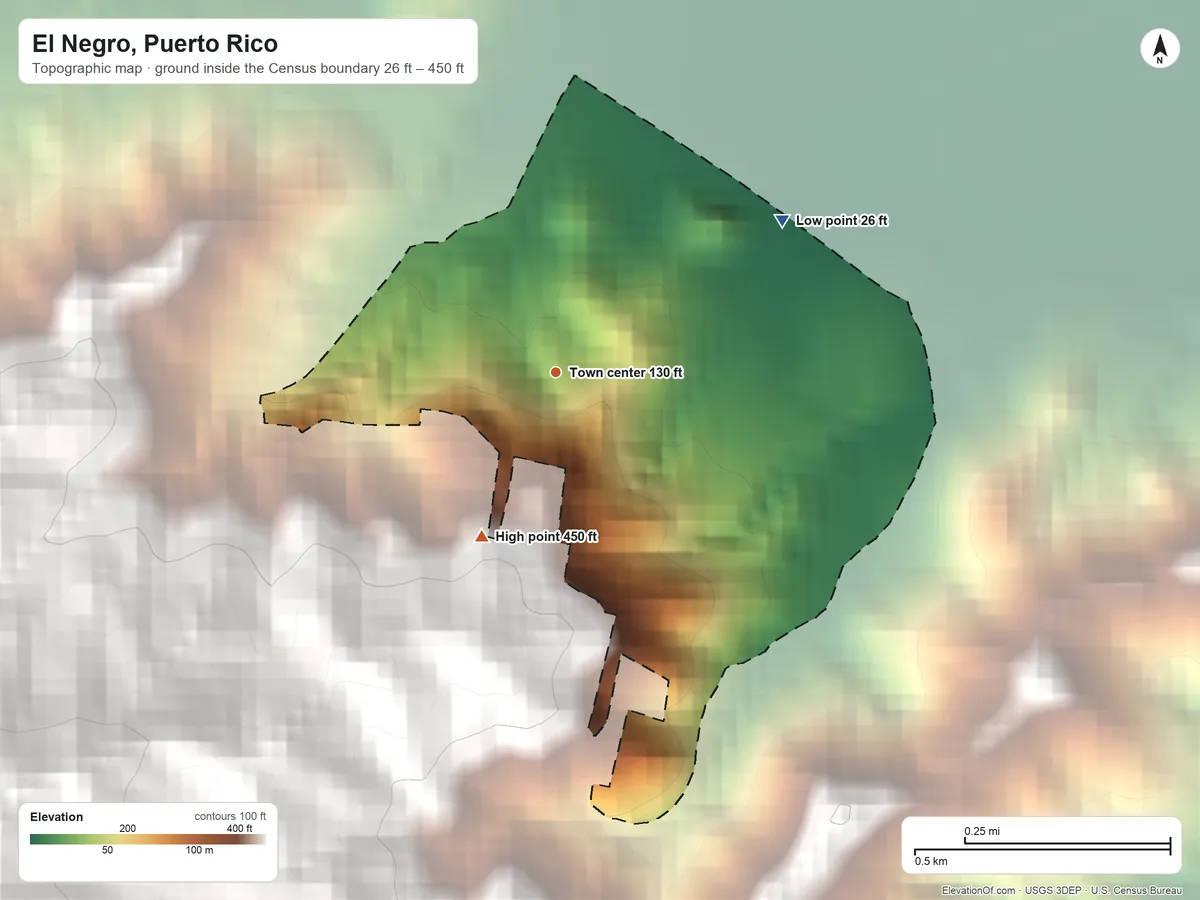 Topographic elevation map of El Negro, Puerto Rico, shaded from 26 ft on the northeast side to 450 ft at the foot of the Sierra de Guardarraya