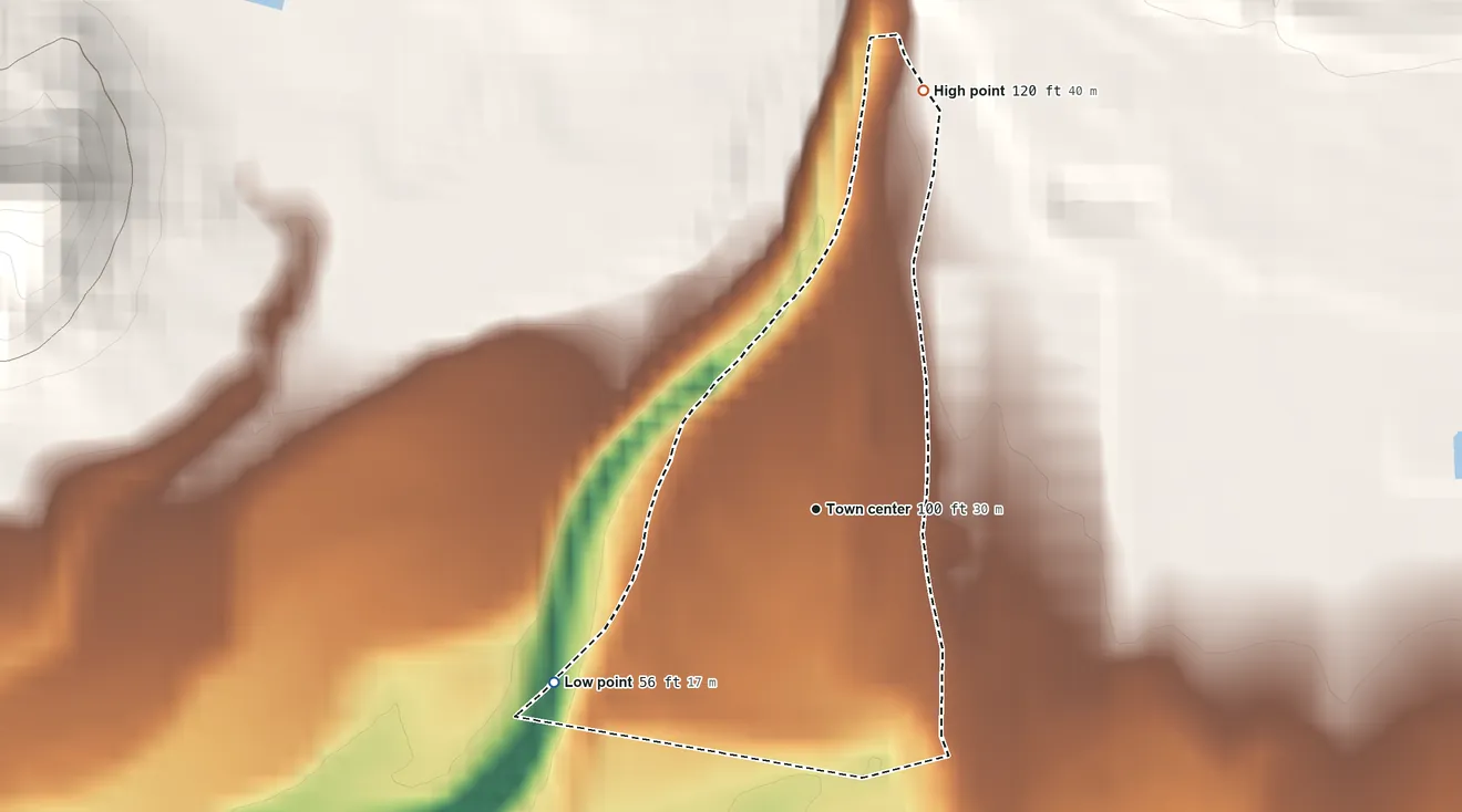 Topographic elevation map of El Ojo, Puerto Rico, shaded from 56 ft on the southwest side to 120 ft at the foot of the Cerros de Santini